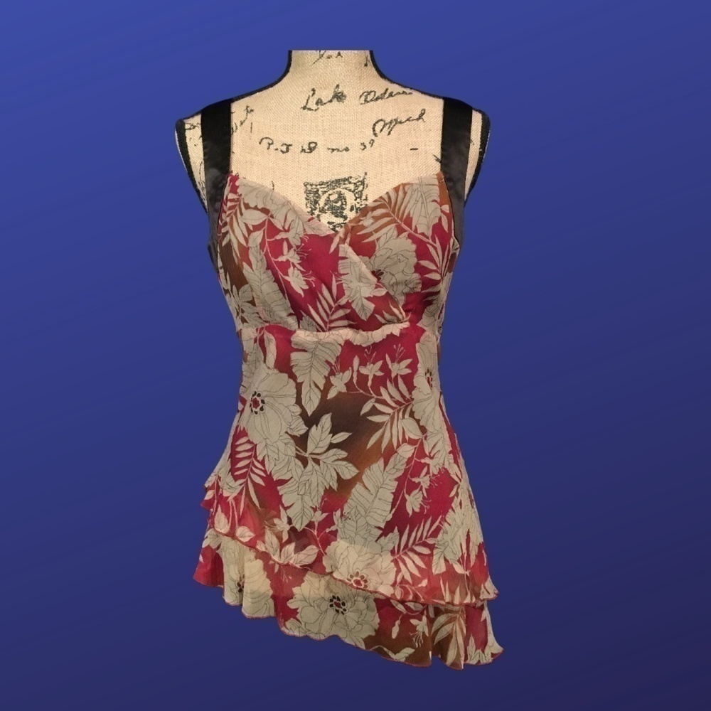 NINE WEST 100% Silk Chiffon Camisole Top, BROWN/RUSSET/TAN FLORAL, Size 10, NWOT